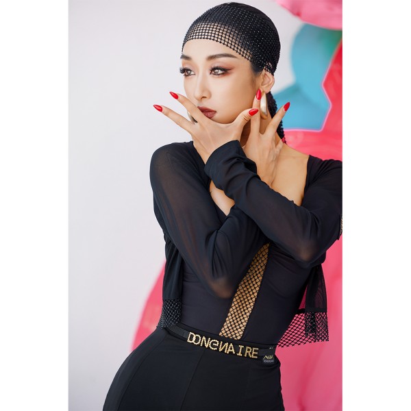 WT639Women's Sheer Mesh Cropped Shrug, Long Sleeve Open Front Latin Dance Cover‑Up for Practice & Performance
